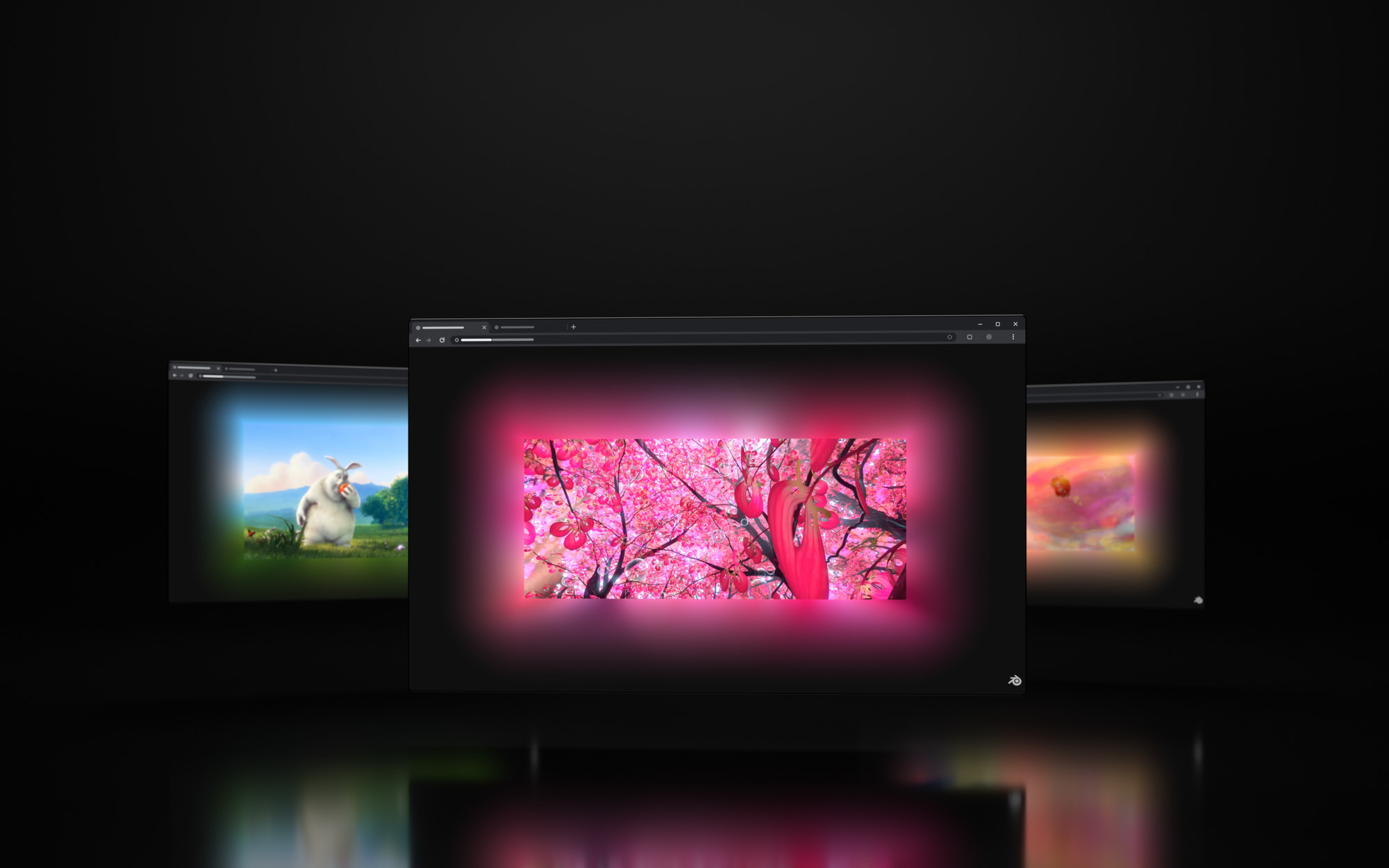 Three browser windows, each video with a glow in its own colors