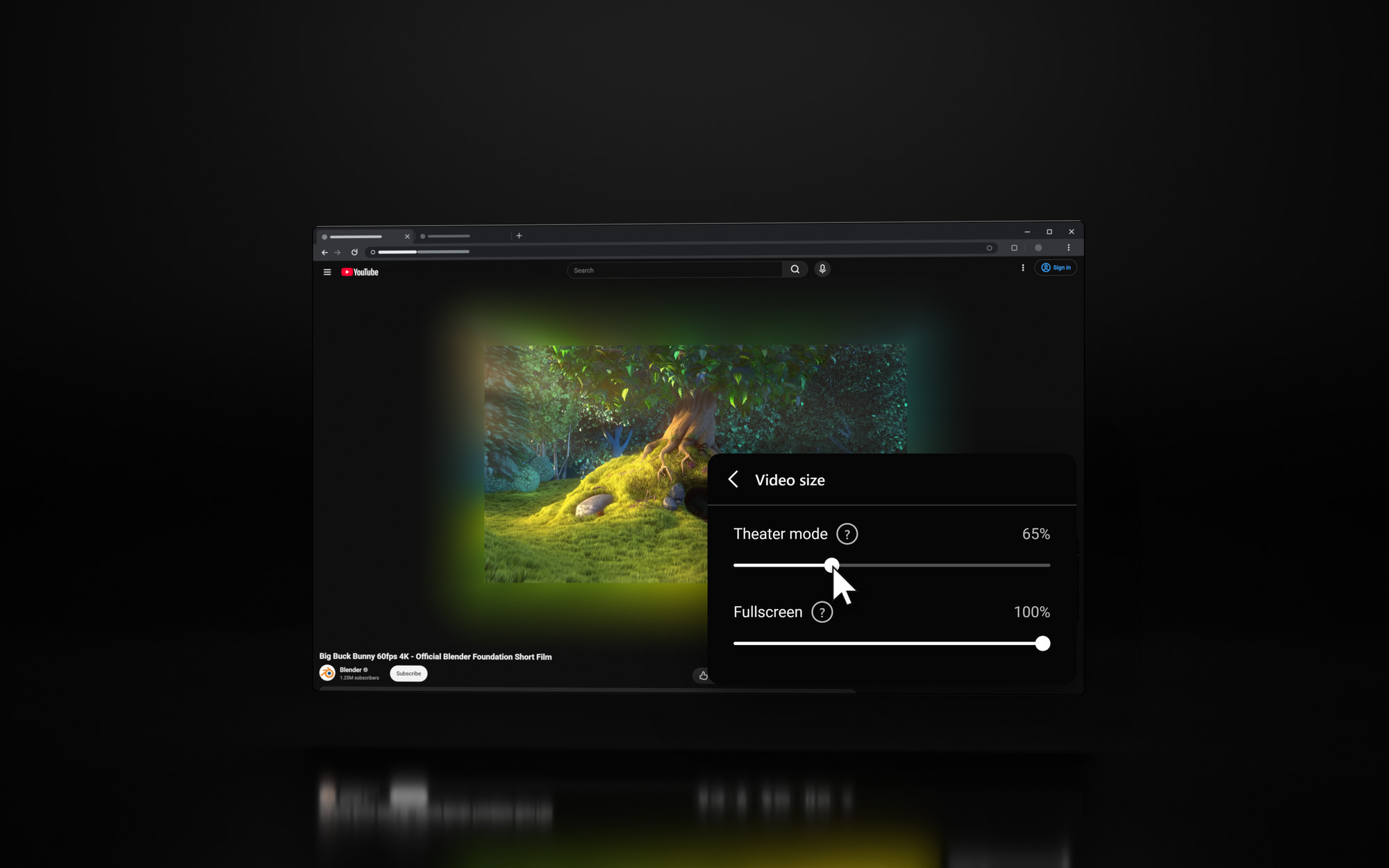 Theater mode with a smaller video, a yellow-green glow and the Video size menu